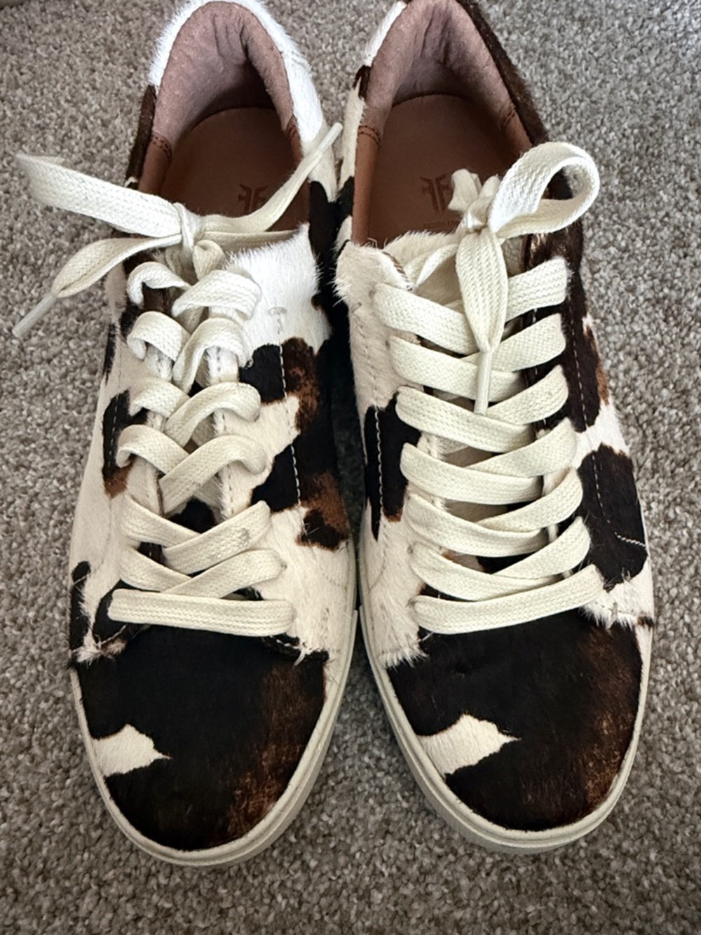 Frye Cowhide Lace-Up Sneakers in White and Brown Calfhair size 7